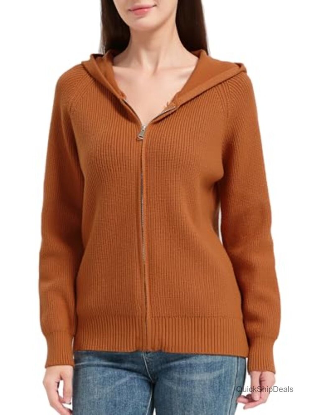 Women's Zip Up Hooded Cardigan Sweater Knit Long Sleeve Raglan Winter Outerwear